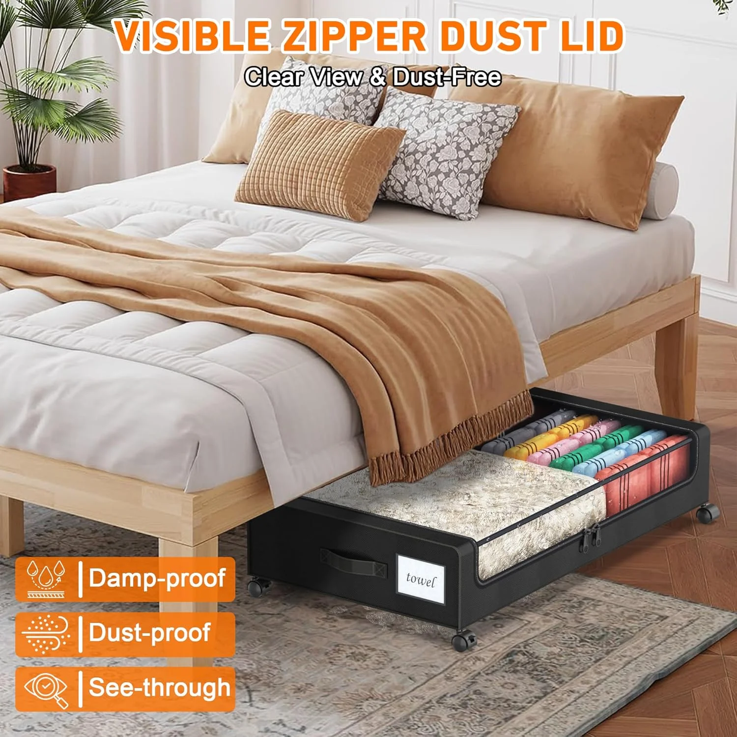 Under Bed Storage with Wheels, 2-Pack Under Bed Storage Containers with Clear Lids, XXL 60L Under the bed storage Organizer Bins