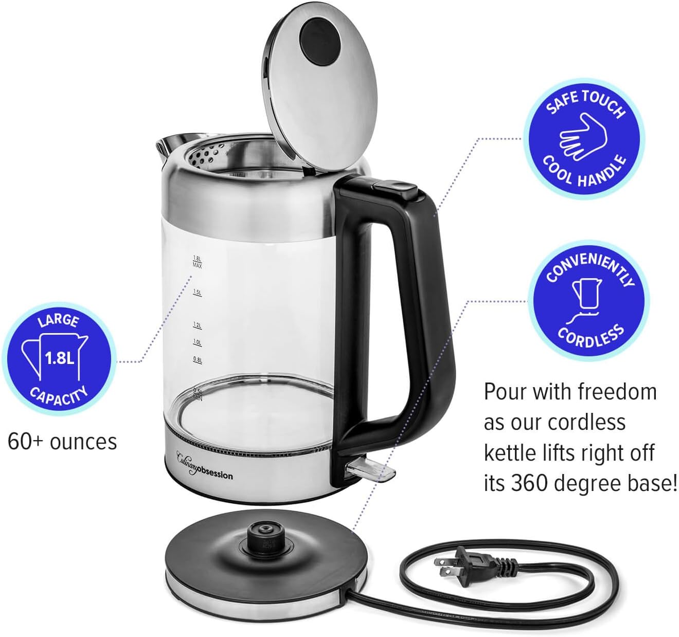 Glass Electric Kettle | BPA Free with Borosilicate Glass & Stainless Steel - 1.8 Liter Rapid Boil Cordless Teapot with Automatic Shut Off