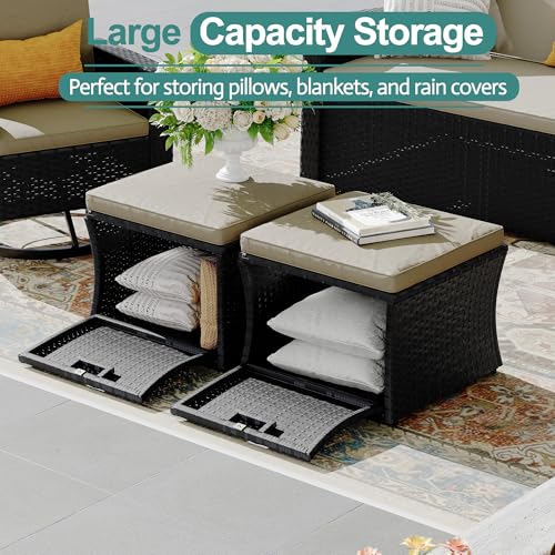 6 Piece Patio Furniture Set, Wicker Patio Conversation Sets with Swivel & Recline Chairs, Outdoor Sectional Sofa Sets with 2 Storage Ottoman