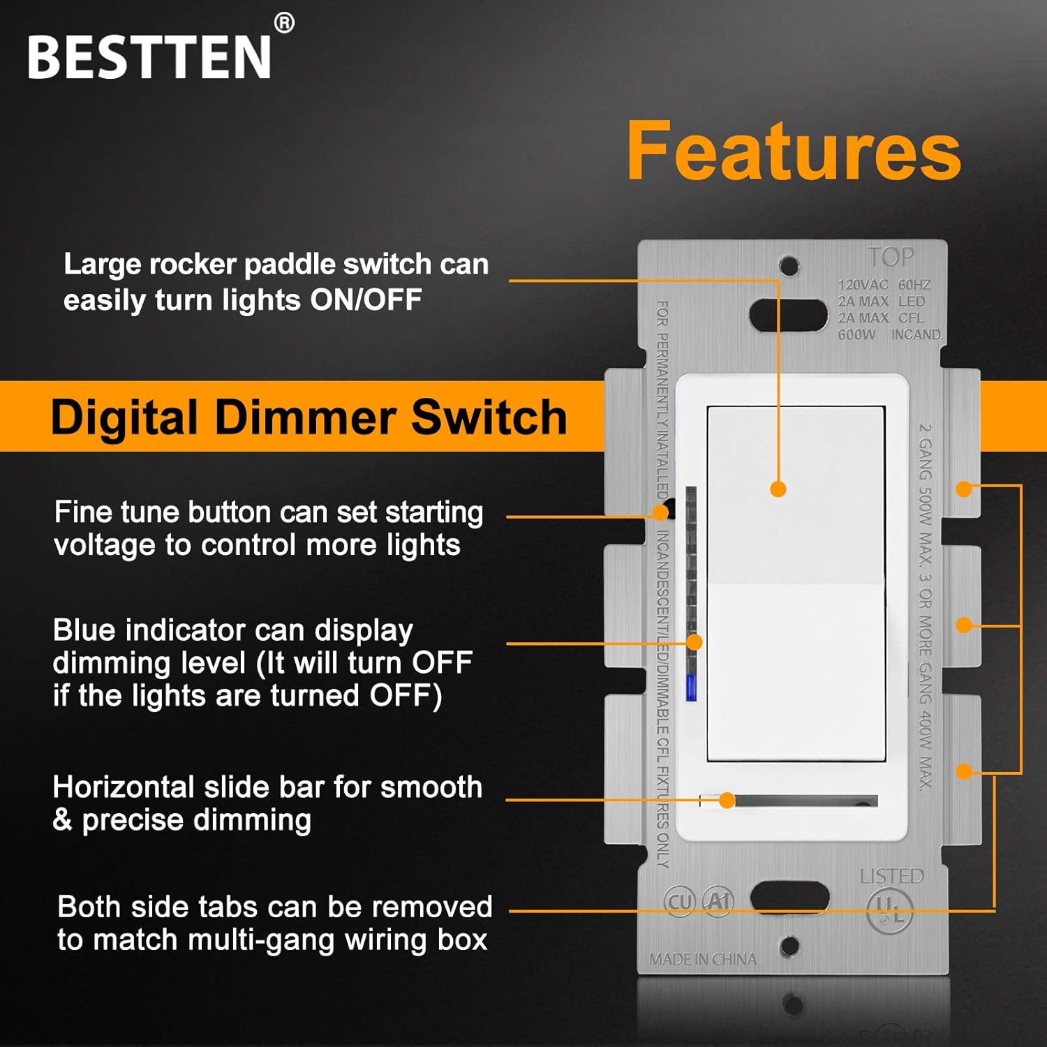 [10 Pack] BESTTEN Digital Dimmer Light Switch with LED Indicator, Horizontal Dimming Slider Bar, Single Pole or 3-Way, for Dimmable LED Lights, CFL