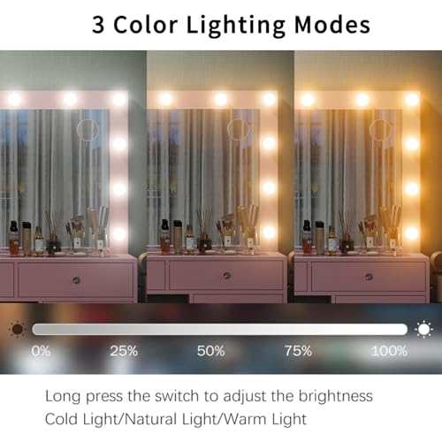 55" W Vanity Desk, Makeup Vanity with Charging Station, 15 Drawers with Lighted Mirror, 3 Lighting Modes, Brightness Adjustable, Glass Top