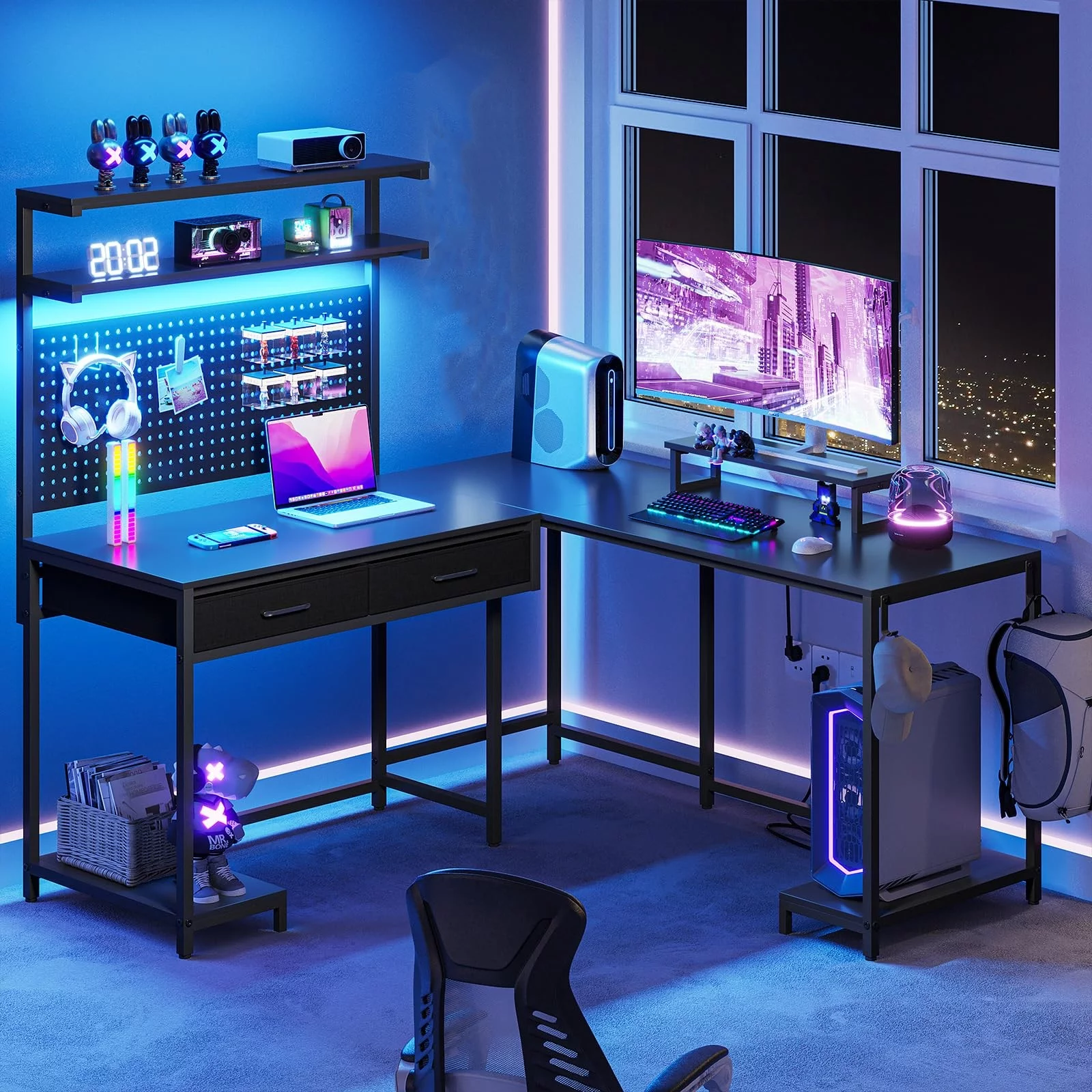 L Shaped Gaming Desk with LED Lights and Hutch,89.7" Home Office Computer Desk with 2 Drawers&Monitor Stand&Pegboard&Storage Shelves,Black