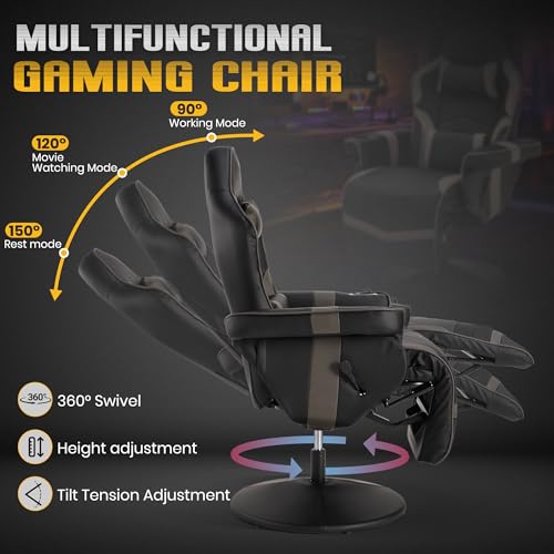 Massage Gaming Recliner Chair with Cup Holder & Side Pockets – Ergonomic PU Leather Video Gaming Chair with Footrest, Manual Recline