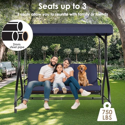 TLSUNNY 3-Seat Outdoor Patio Porch Swing with Adjustable Canopy & Backrest, Convertible Glider Bed with Stand, Removable Seat Cushion