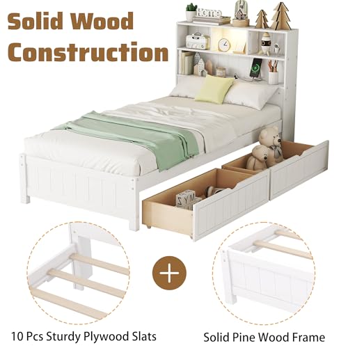 Twin Size Platform Bed with Bookcase Headboard, USB Charging Station and Downlight,Wood Twin Capatain Bed Frames with 2 Storage Drawers