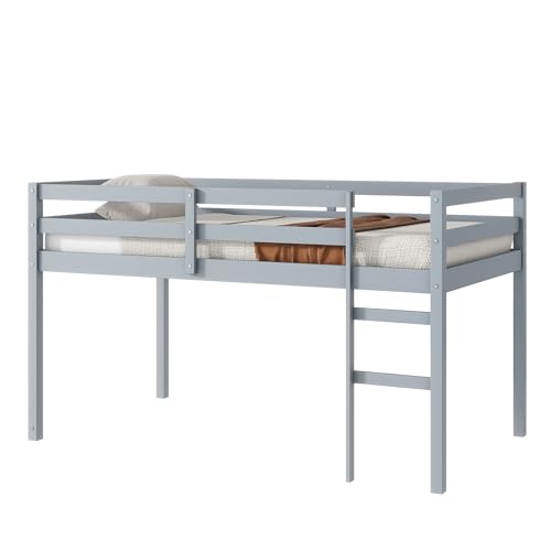 Low Loft Bed Twin Size, Kids Solid Wood Modern Loft Bed Frame with Ladder and Safety Guardrail for Girls Boys, Noise-Free,Non-Toxic Finishes