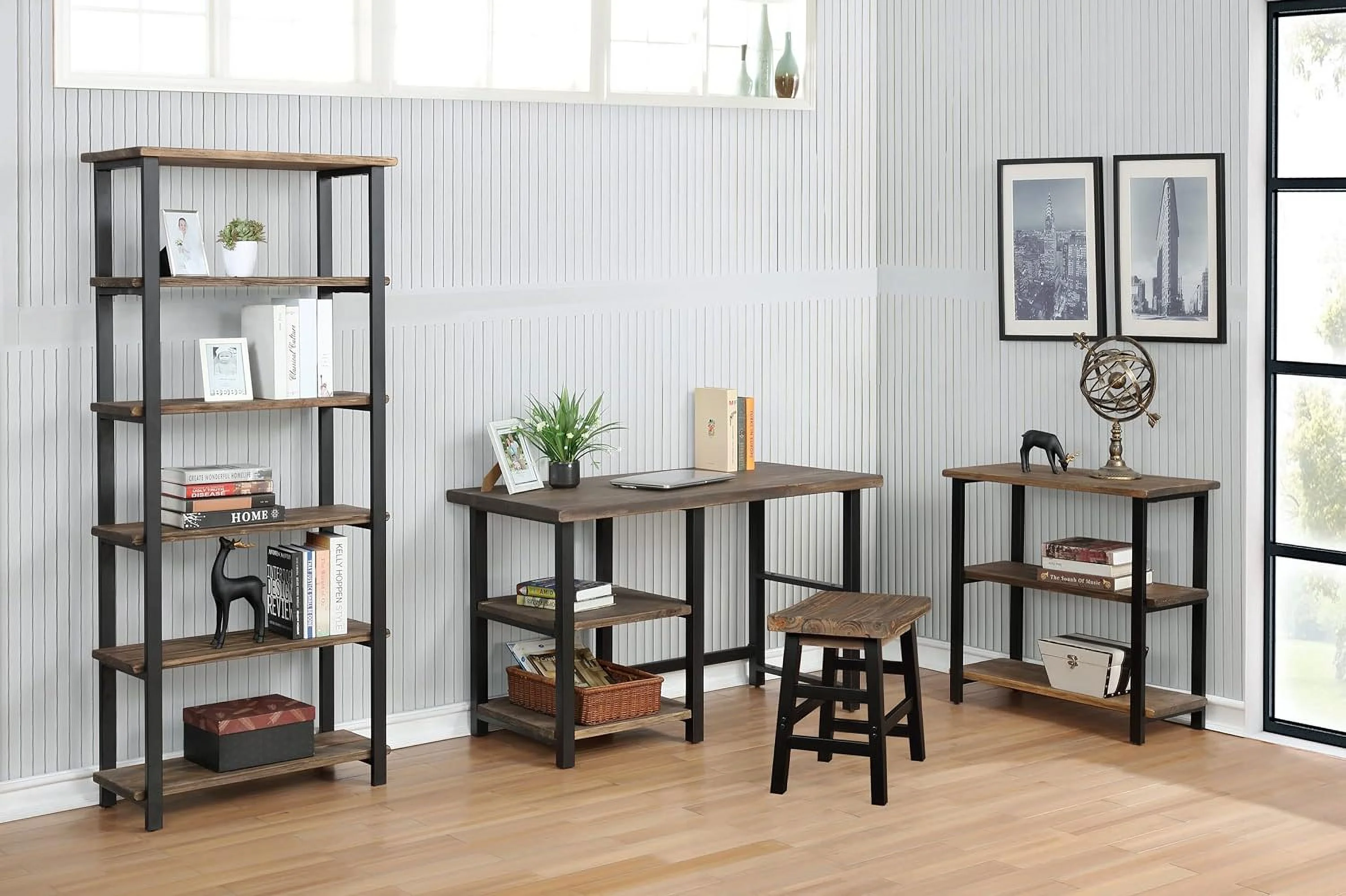 Pomona 31" Tall 2-Tier Solid Wood And Metal Under-Window Bookcase, Rustic Reclaimed Wood Design, Industrial, Stylish, Durable Lacquer Finish