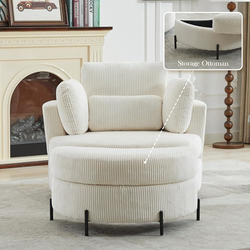 Aoiy & Wifon 42.2" W Oversized Swivel Barrel Chair with Ottoman, Upholstered Round Accent Chair with Storage Ottoman, Chenille, Beige
