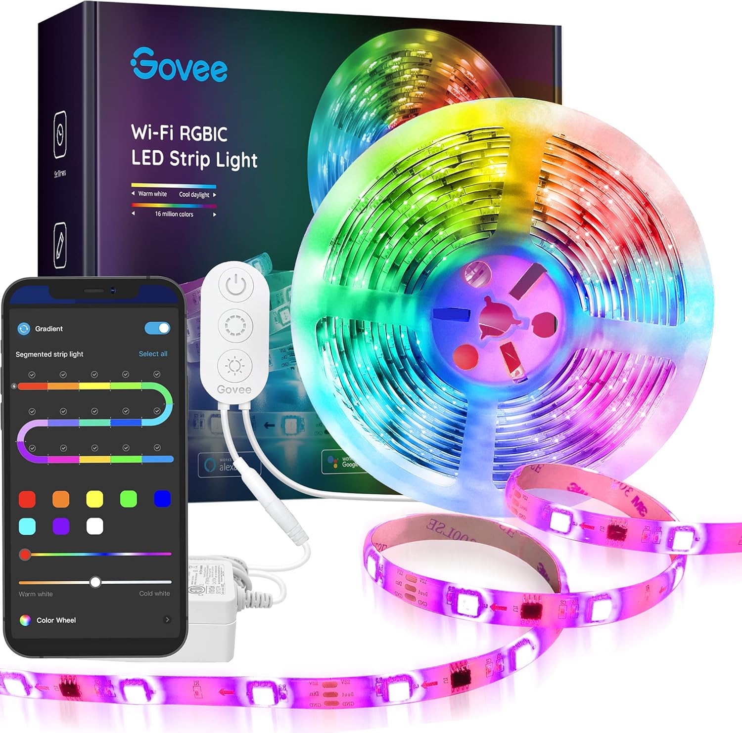 Govee 32.8ft RGBIC LED Strip Lights, WiFi Color Changing LED Lights Segmented Control, Work with Alexa and Google Assistant