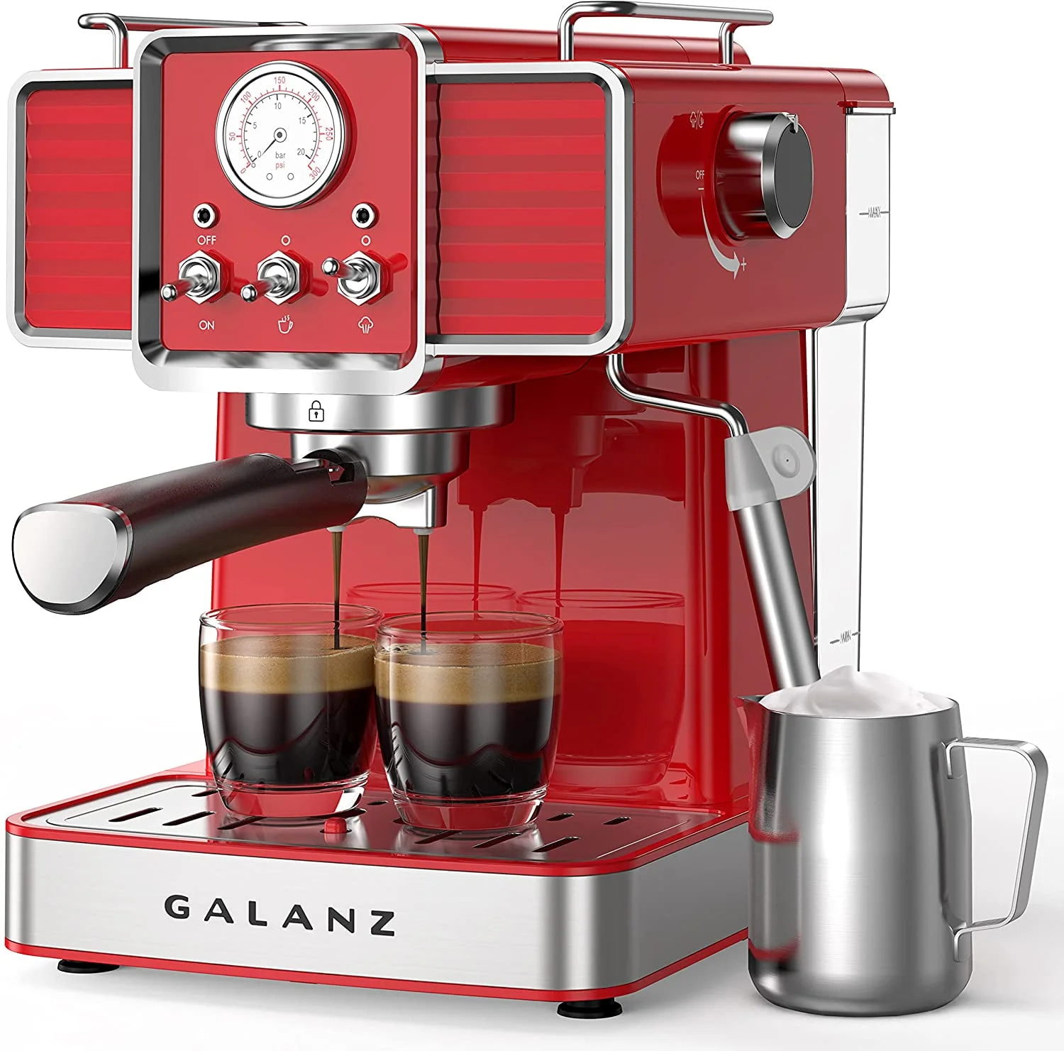 Galanz Retro Espresso Machine with Milk Frother, 15 Bar Pump Professional Cappuccino and Latte Machine, 1.5L Removable Water Tank, Retro Red, 1350 W
