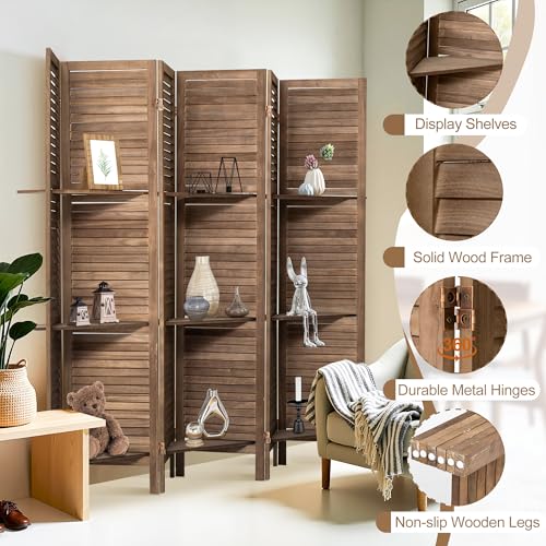 Osparple Room Divider with Shelves 6 Panel Wooden Folding Room Dividers Privacy Screen Wall Divider for Room Separation for Office and Apartment