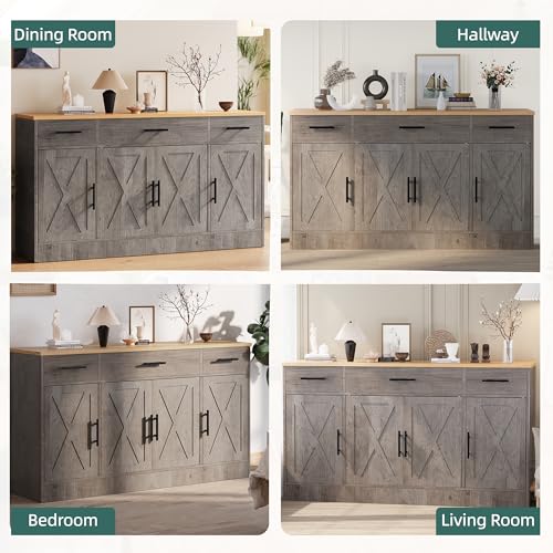 Shintenchi Buffet Cabinet with Storage,53.4" Large Kitchen Storage Cabinet with 3 Drawers and 4 Doors