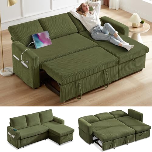 81" Sleeper Sofa Bed with Pull Out Bed, L Shaped Couch Sectional Sleeper Sofa, Pull Out Couch with Reclining Backrest, Reversible Storage Chaise