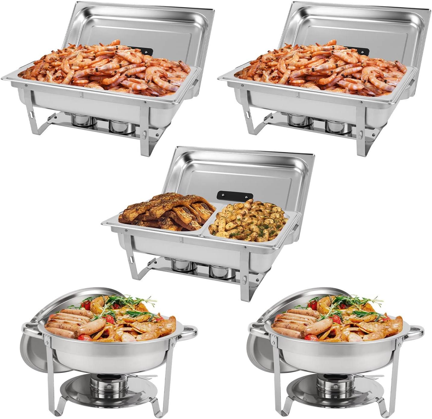 Restlrious Chafing Dish Buffet Set Stainless Steel 5QT Round & 8QT Rectangle Foldable Chafers & Buffet Warmers Set, w/Full & Half Size Food Pan