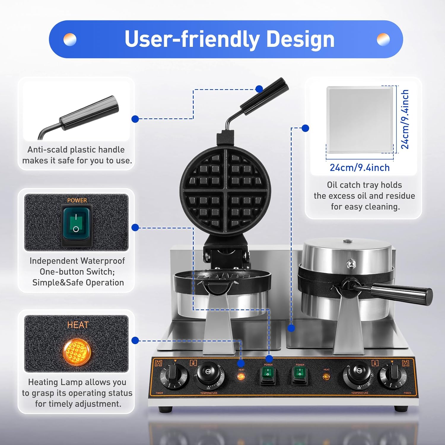 Belgian Waffle Maker 2600W Commercial Waffle Maker Double Waffle Maker 360° Rotating Large Stainless Steel Waffle Maker Non-stick Electric Chaffle
