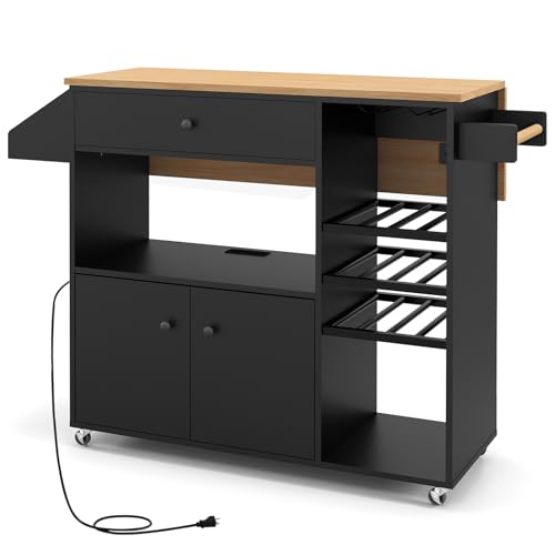 Rolling Kitchen Island with Drop Leaf & Power Outlet, Microwave Cart with Storage Cabinet, Drawer, Wine & Cup Holder, Spice & Towel Rack