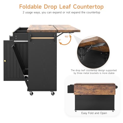 60" Kitchen Island with Power Outlet & Drop Leaf, Kitchen Rolling Island with Spice Rack & Towel Rack, Knife Holder