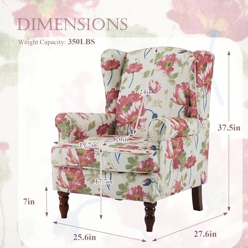 MELLCOM Floral Accent Chair, High Back Upholstered Armchair with Solid Legs, Leisure Single Sofa Chair for Living Room, Bedroom, Home Office