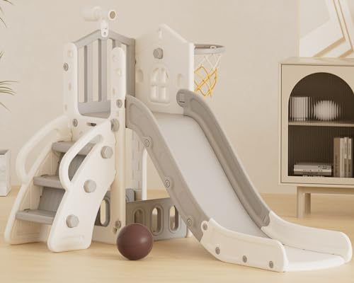 XJD 5 in 1 Toddler Slide, Kids Slide for Toddlers Age 1-3, Outdoor Indoor Playset for Toddlers with Basketball Hoop and Ball