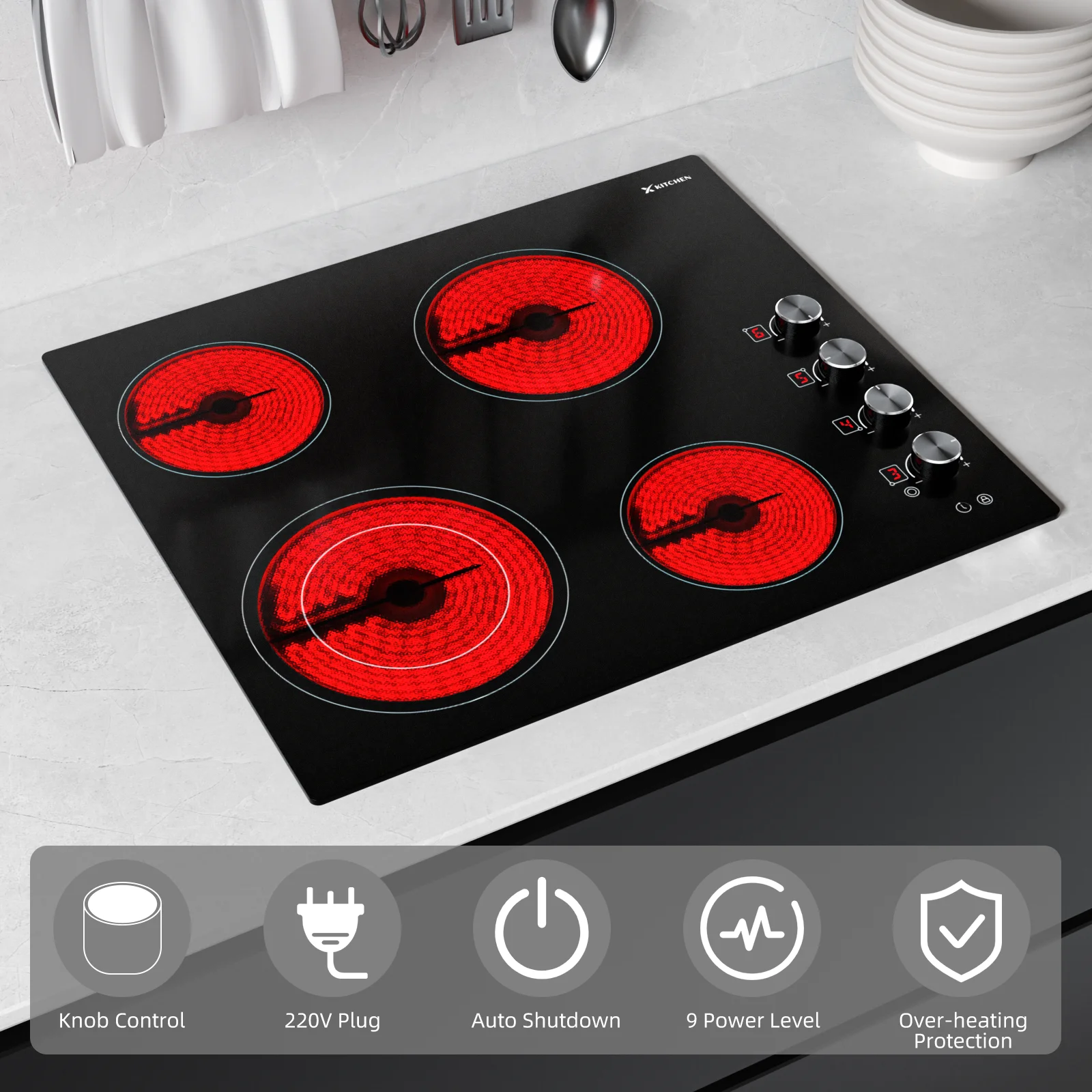 IsEasy Electric Cooktop 24 Inch, 4 Burners 220-240V 7500W with Knobs, 9 Heating Levels, Timer, Child Lock, Hard Wired, No Plug