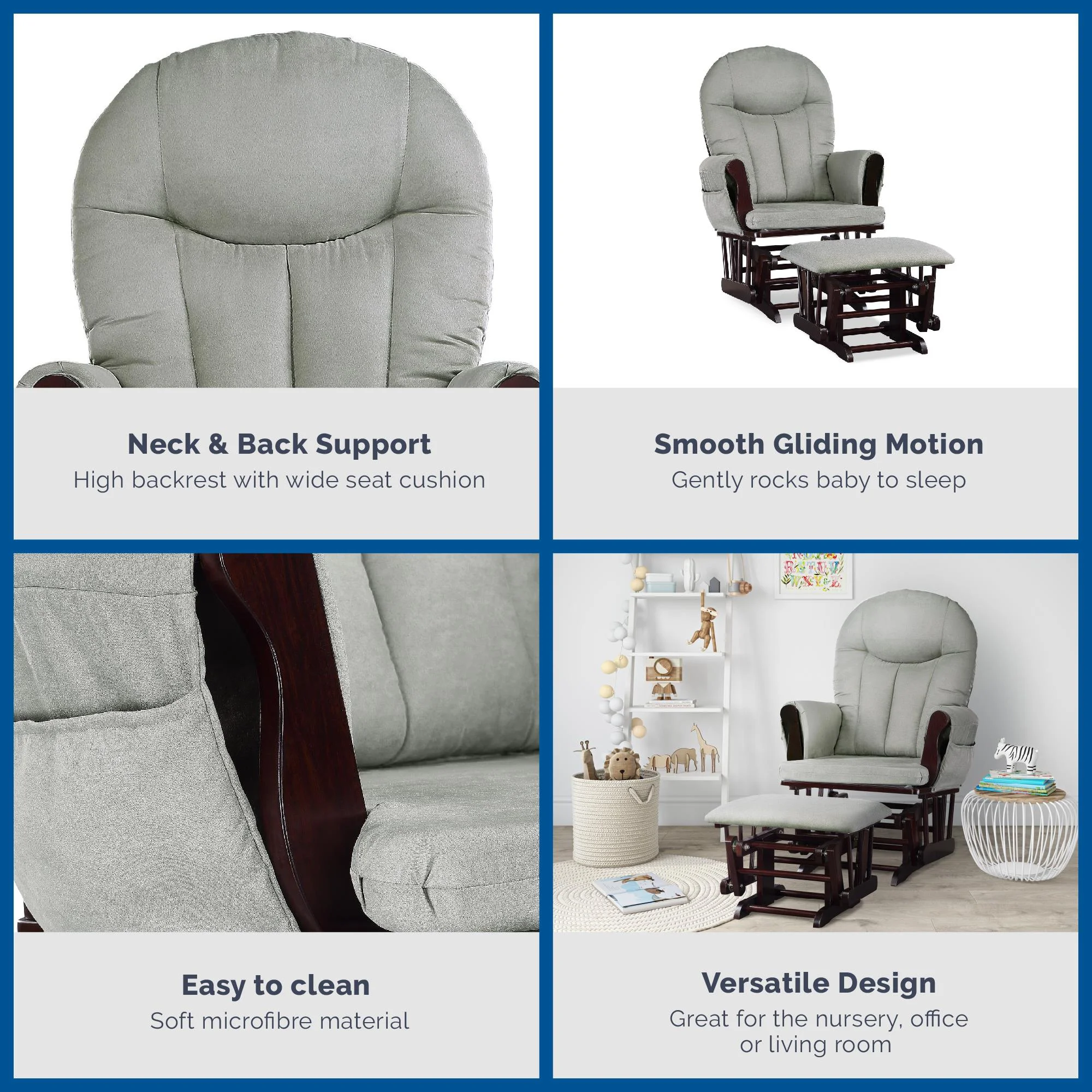 Baby Relax Huntington Glider Rocker with Storage and Ottoman, Espresso Finish with Gray Cushions