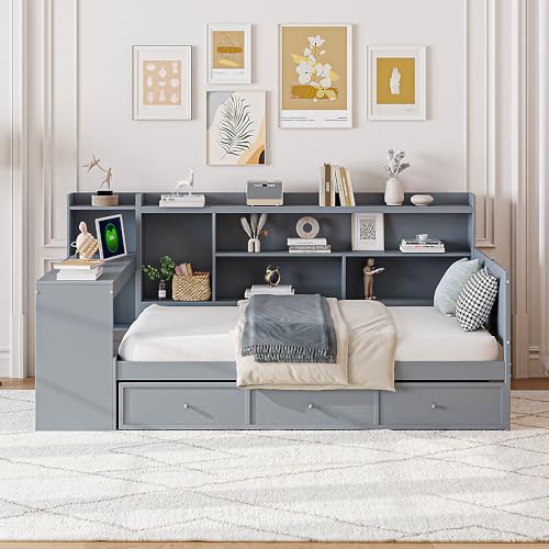 Bellemave Twin Corner Bed Frame with Storage Shelves and Desk, Wood Twin Size Daybed with Bookcase and Drawers and Storage, Gray