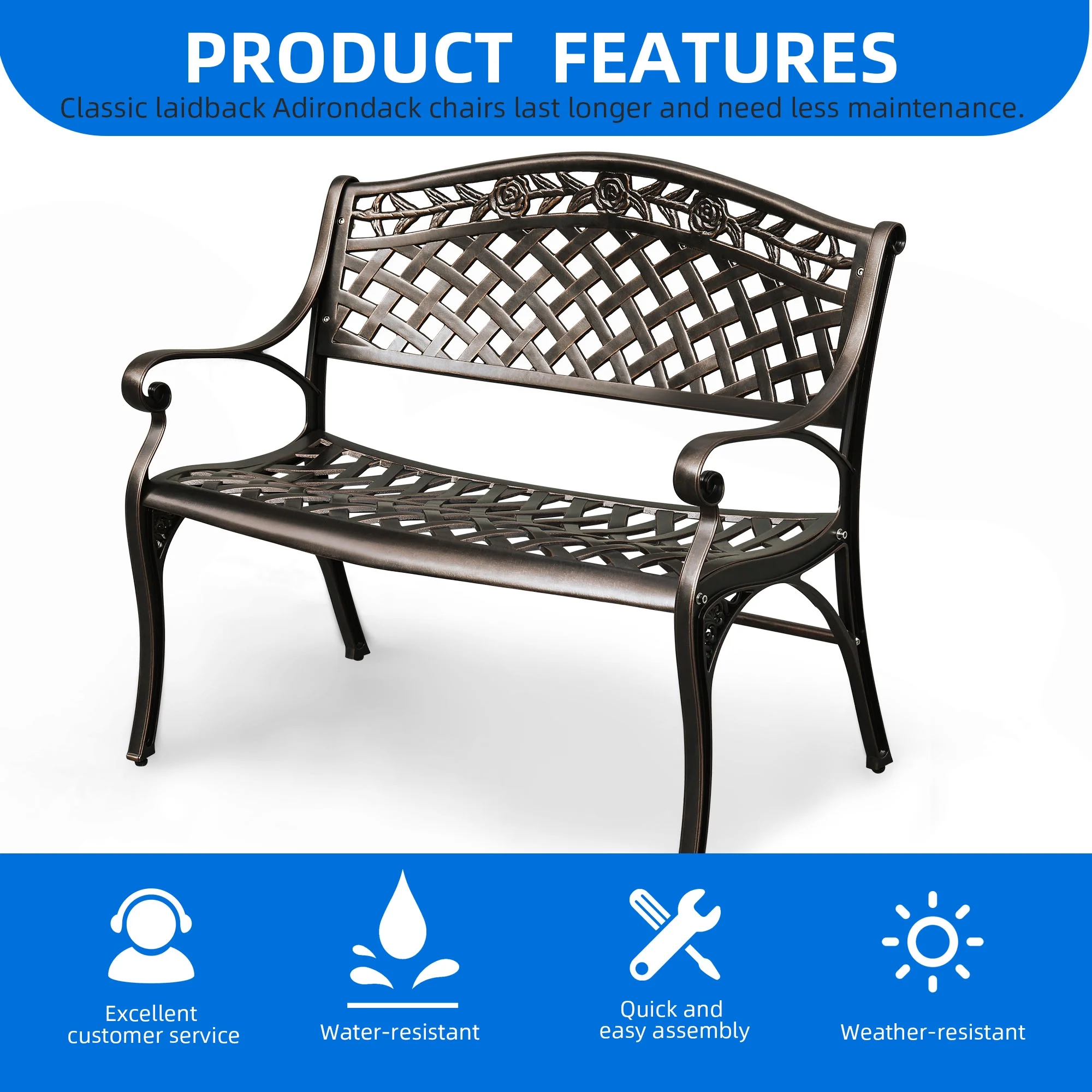 DWVO 39.4" Patio Garden Bench, Anti- Rust Cast Iron Cast Aluminum Frame for Outdoor Garden, Balcony, Backyard, Entryway, Hammered Bronze