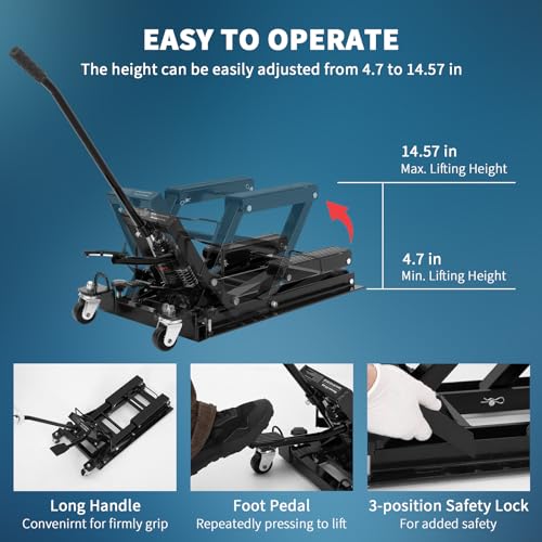 Hydraulic Motorcycle Lift Jack 1500Lb Capacity ATV Scissor Jack with 4.7-14.57in Height Adjustment, Non-Slip Platform & 360° Swivel Casters