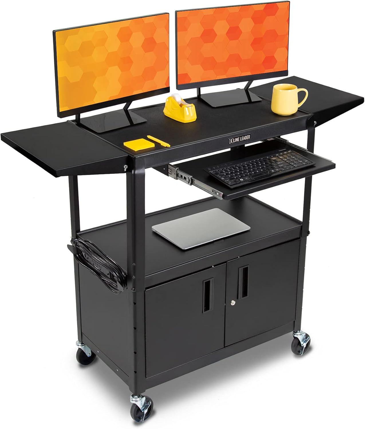Line Leader Large AV Cart with Locking Cabinet & Drop Leaves | Height Adjustable Utility Cart | Includes Pullout Keyboard Tray & Cord Management |