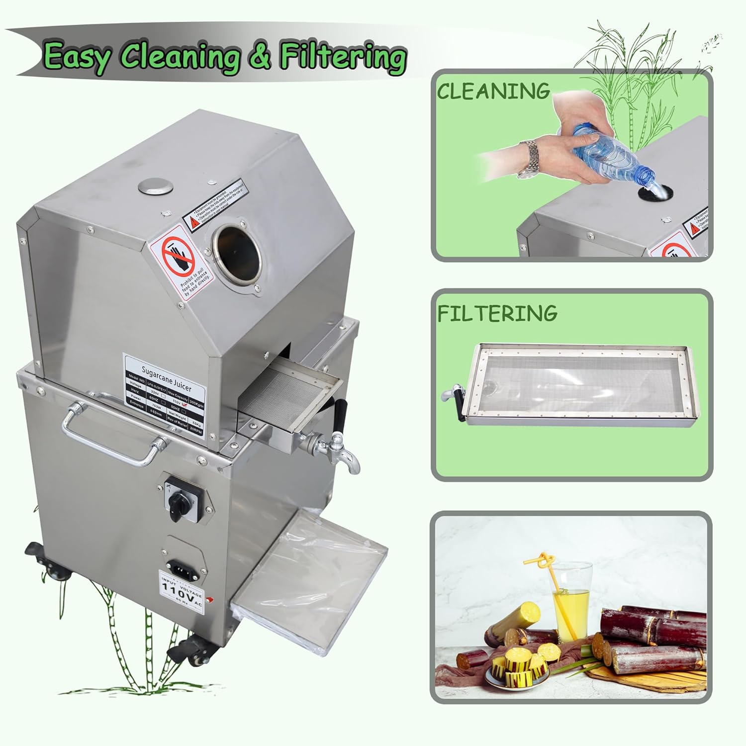 Commercial Sugar Cane Press Juicer Machine with Cleaning Port 304 Stainless Steel Rollers Three Rollers Sugarcane Juice Extractor for Commercial Home