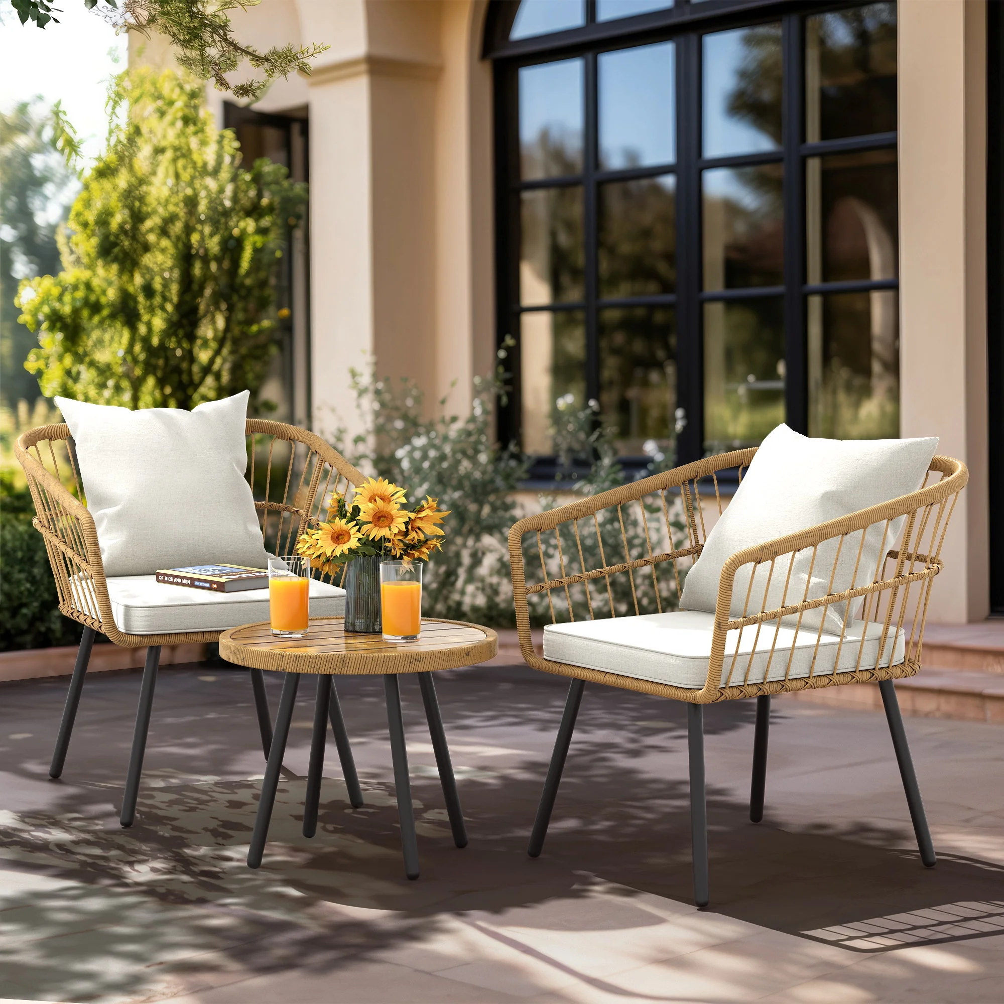 Dextrus 3 Piece Outdoor Wicker Furniture Patio Bistro Set, PE Rattan Wicker Chairs Set with Table and Cushions