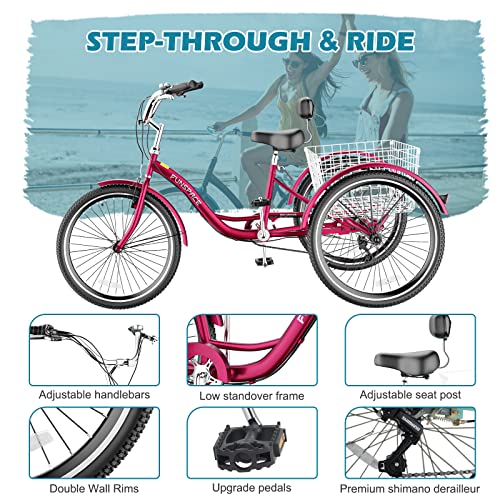 Adult Tricycles, 7 Speed Adult Trikes 20/24/26 inch 3 Wheel Bikes, Cruise Bike with Basket for Seniors, Women, Men for Recreation, Shopping, Exercise