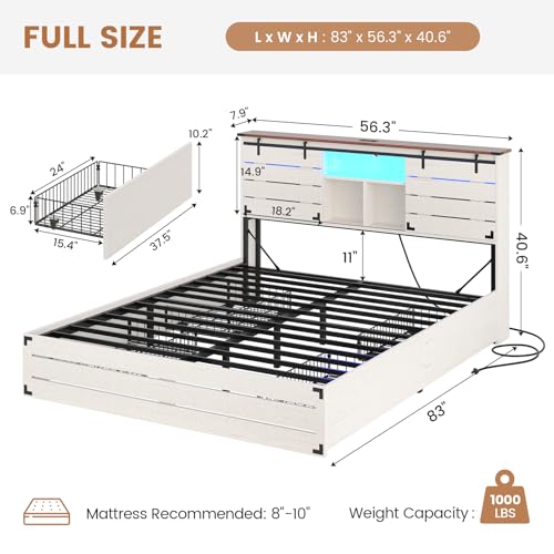 VIAGDO Wooden Bed Frame Queen Size with Bookcase Headboard and Sliding Barn Door, Farmhouse Queen Bed Frame with Charging Station