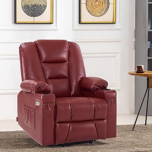 MCombo Small Power Lift Recliner Chair with Massage and Heat for Petite People, Cup Holders, USB Ports, Side Pockets, Faux Leather 7569 (Small