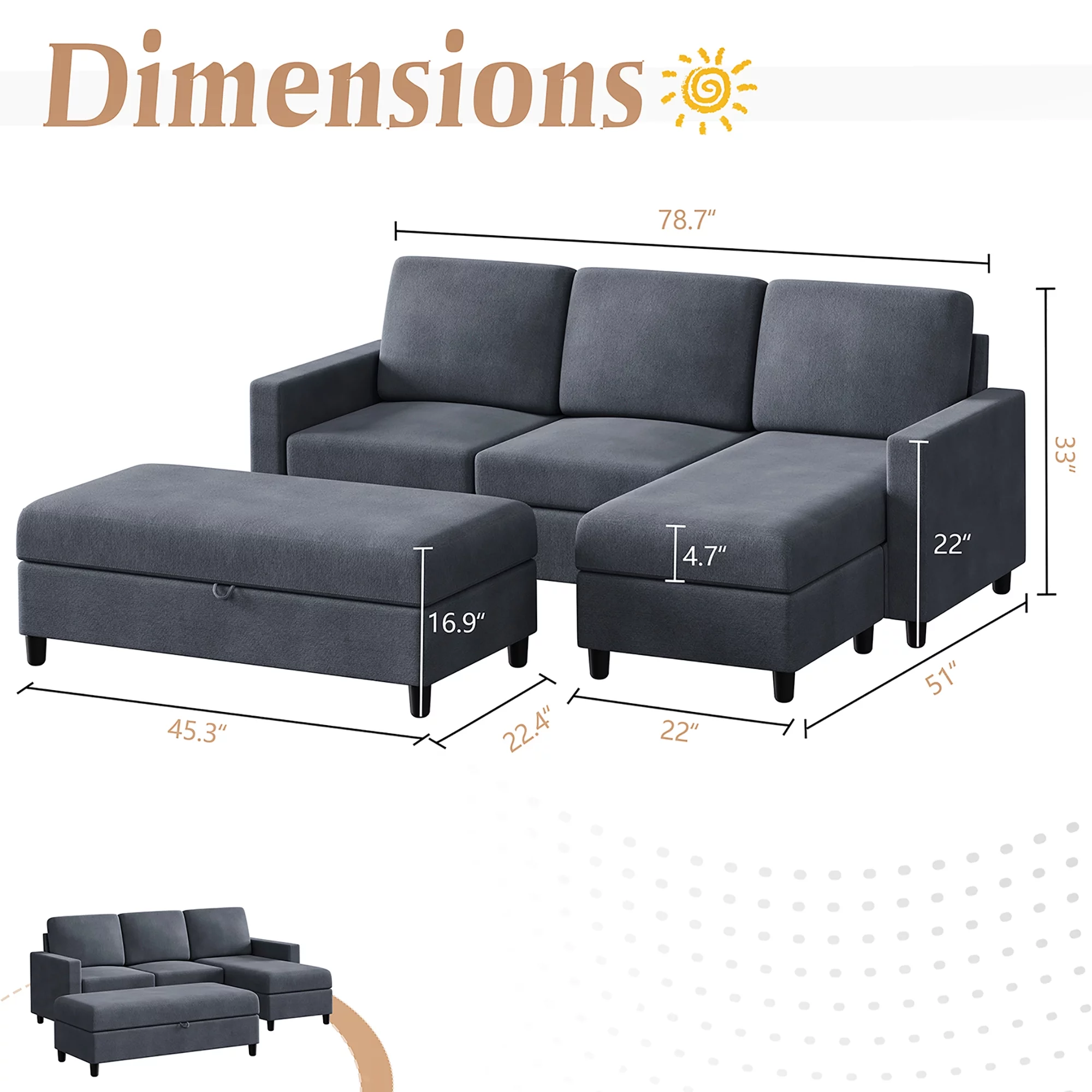 Convertible Sectional Sofa Couch with Storage Ottoman, L-Shaped Wide Reversible Chaise with Linen Fabric(Deep Grey) - Radiant Selections