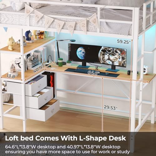 DICTAC Loft Bed Full Size with L-Shaped Desk and Charging Station Full Metal Bed Frame with LED Lights,Open Shelves and 3 Fabric Storage Drawers