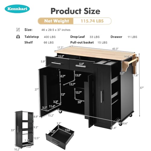 Rolling Kitchen Island on Wheels with Storage 3 Tier Cabinet and Drawers, Table with Towel and Spice Rack