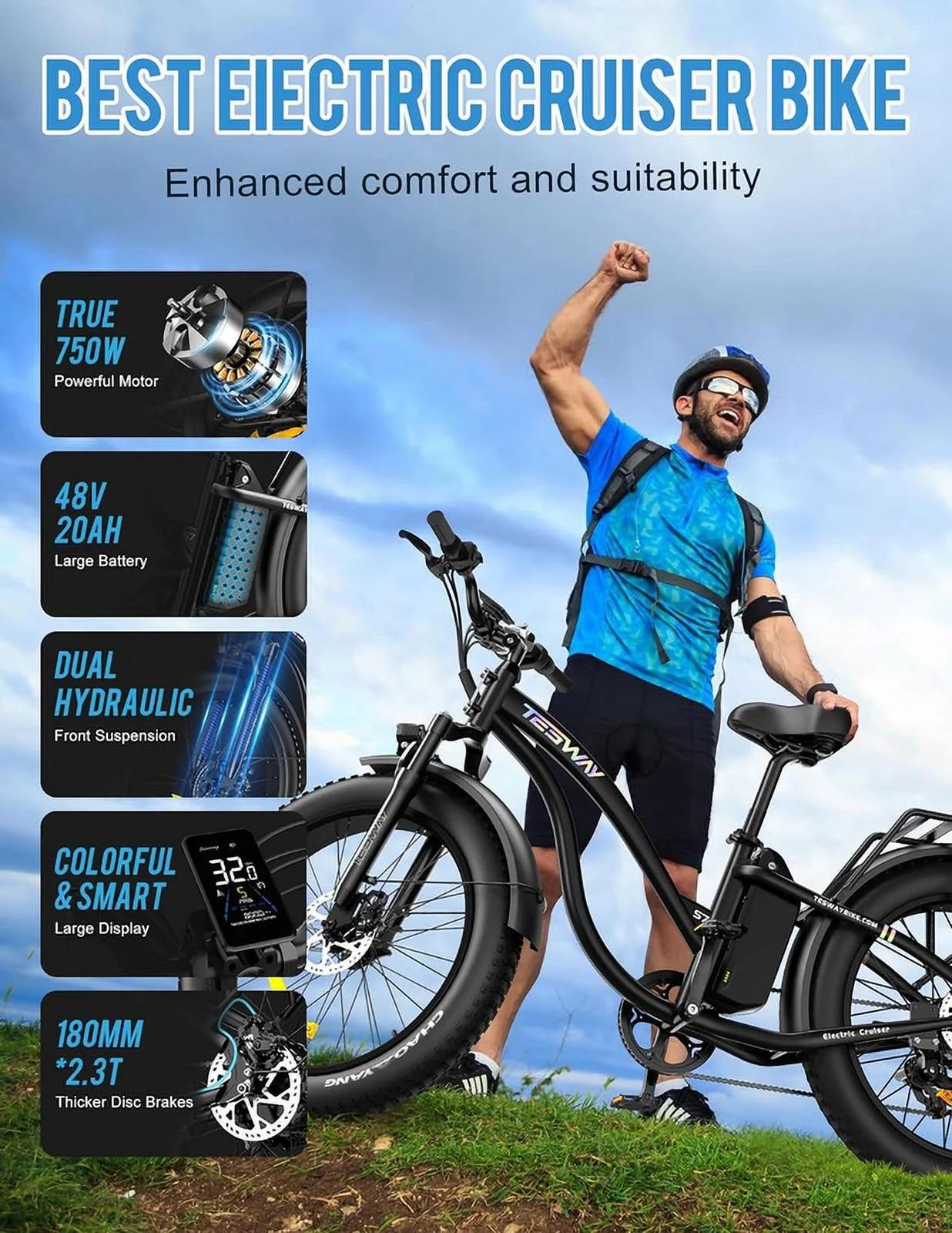 TESWAY S7 Fat Tire Electric Bike, 48V 20AH Long Range E Bike For Adults,【Advanced Adjustable Stem】26 X4.0" Snow Beach Mountain Electric Cruiser Bike