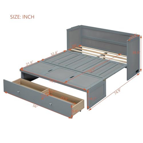 Harper & Bright Designs Queen Size Murphy Bed Cabinet, Solid Pine Wall Bed Chest with USB