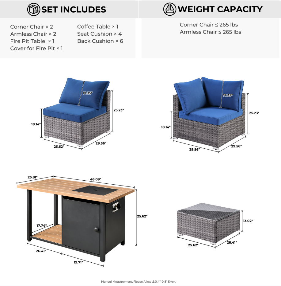 Vcatnet 6 Pieces Outdoor Patio Furniture Sectional Sofa All-weather Conversation Set with Fire Pit Table and Coffee Table for Garden,Poolside