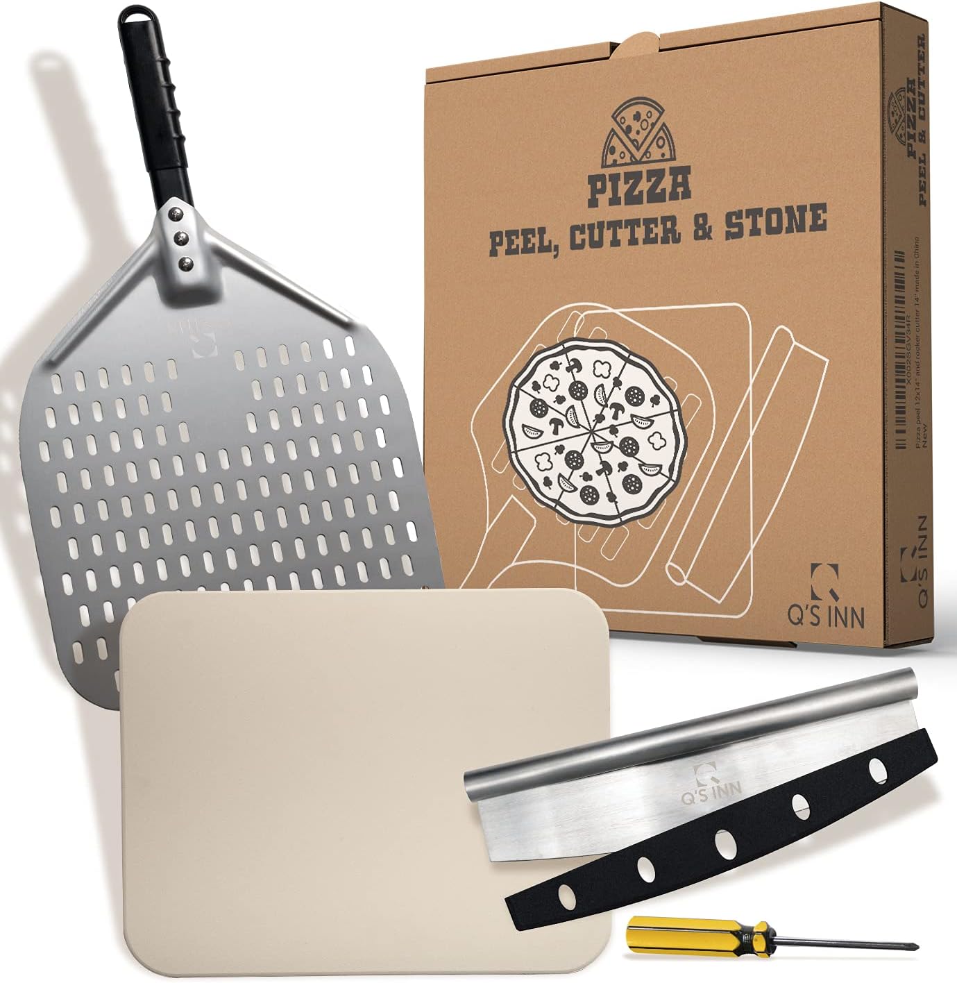 Perforated Pizza Peel 12x14 Inch from Anodized Aluminum Pizza Paddle and Pizza Tuning Peel. The perfect set for your Home Made Pizza by Q's INN. Pack