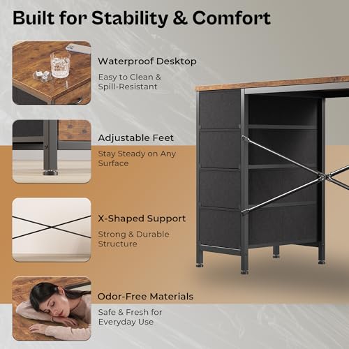 Huuger 63 Inch L Shaped Desk with Fabric Drawers, Reversible Computer Gaming Desk with Power Outlets and USB-C Port, Adjustable Side Storage Shelves