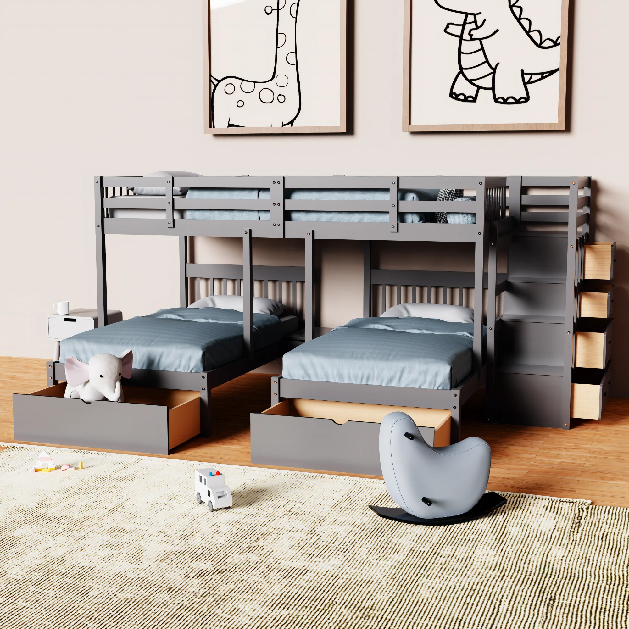 Full Over Twin & Twin Bunk Bed, Wood Triple Bunk-Beds with Drawers and Guardrails,White
