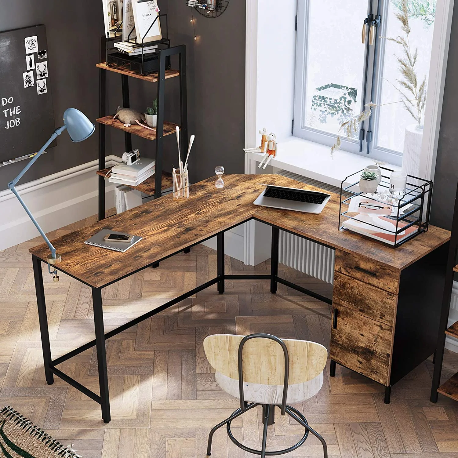 L-Shaped Computer Desk with Cabinet and Drawer  Corner Desk  Study   Office  Space-Saving  Steel  Industrial  53.9 x 59.1 x 29.5 Inches  Rustic Brown