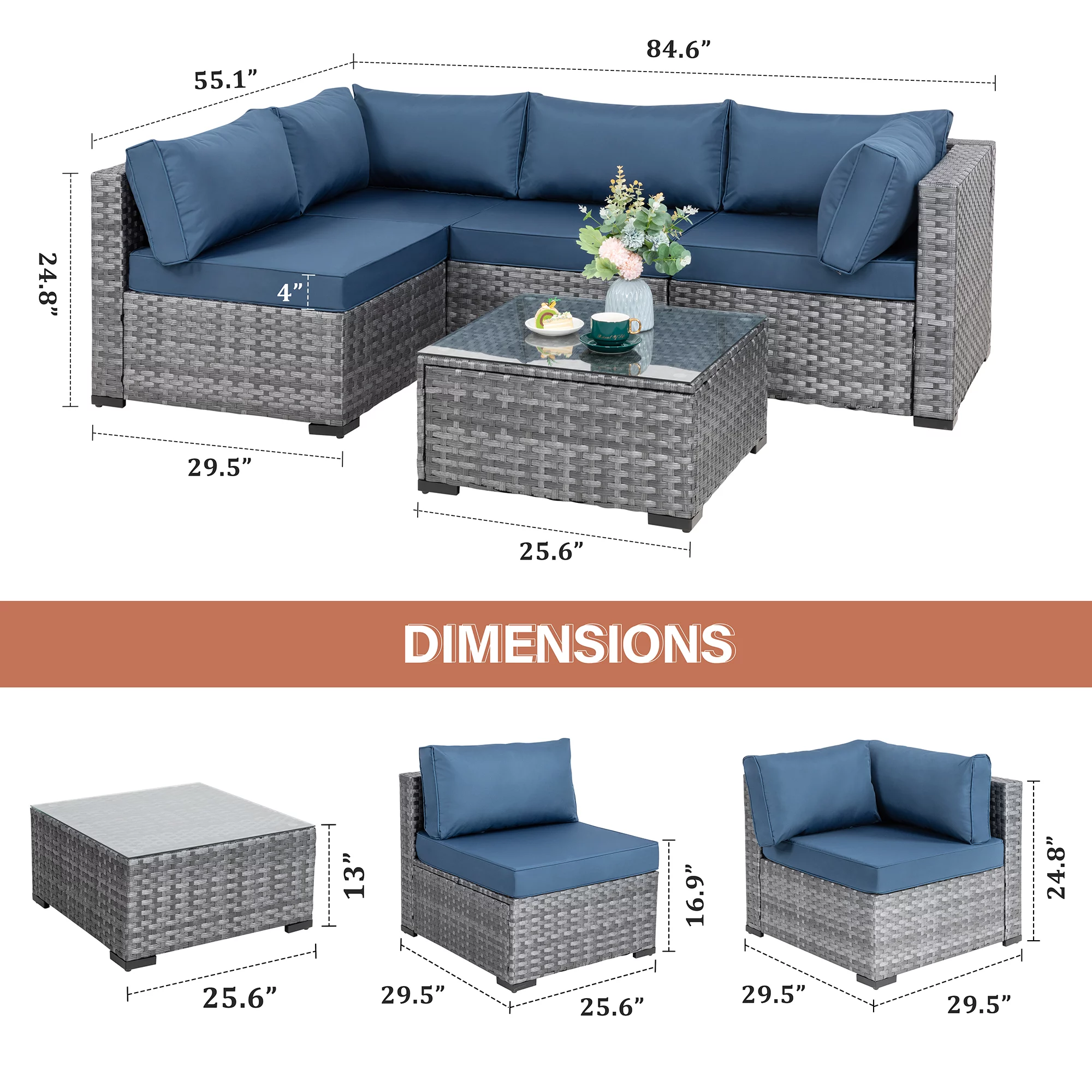 5 Pieces Patio Furniture Sets, Wicker Outdoor Sectional Furniture with Glass Table and Cushions, Rattan Patio Conversation Sets(Aegean Blue)