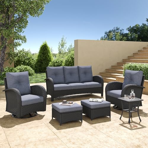 5 Pieces Wicker Patio Furniture Set, Luxury Outdoor Conversation Set with High Back Swivel Rocker Chairs