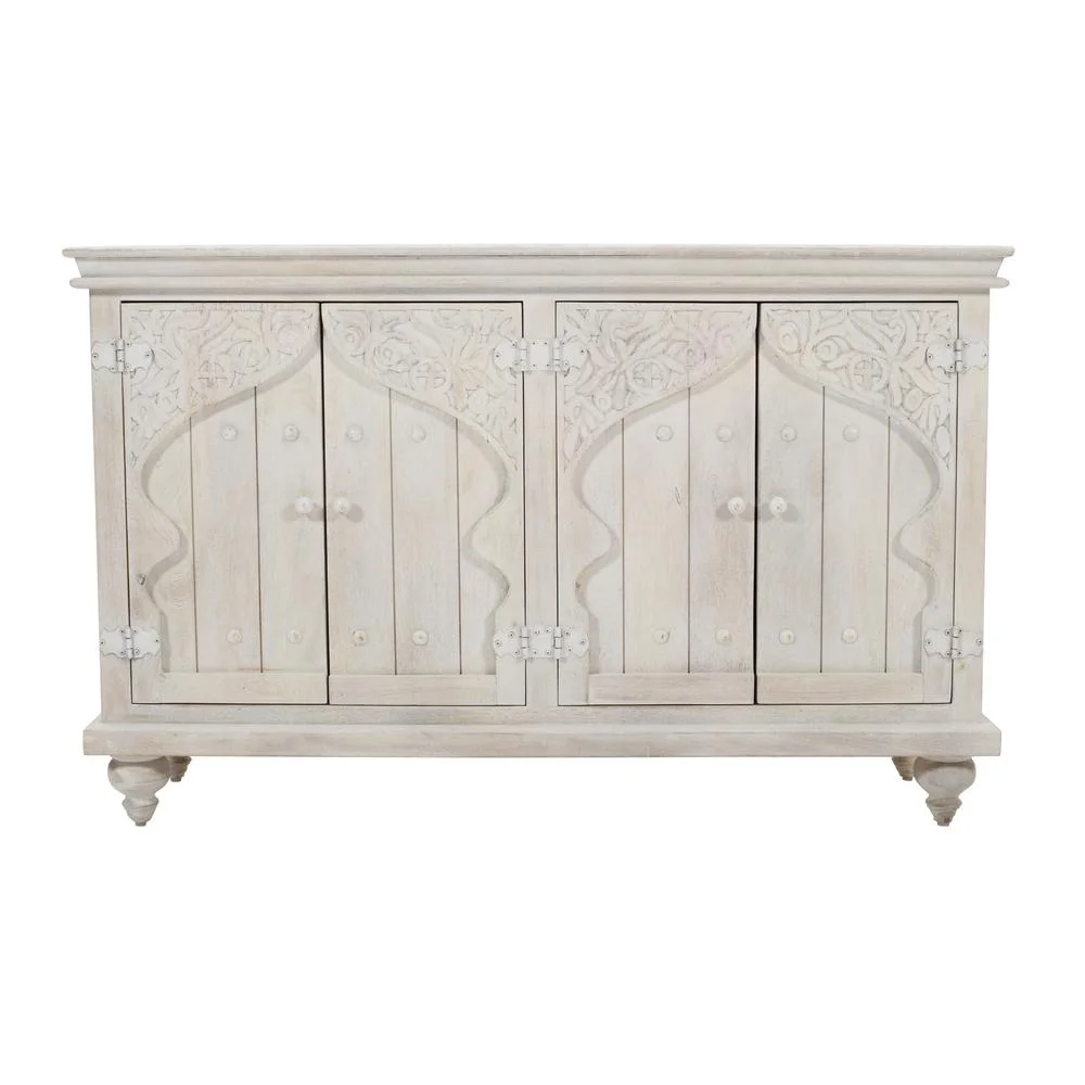 Taj 60" Hand Carved Solid Wood Global Bohemian Four-Door Sideboard Cabinet
