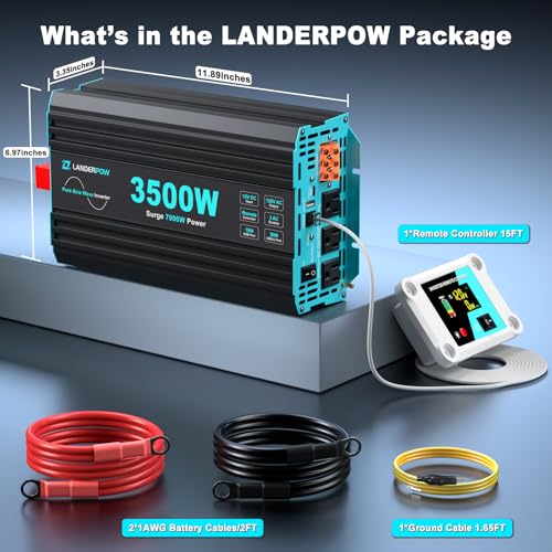 Pure Sine Wave 3500W Power Inverter 12V DC to 120V AC for RV, Truck, Home, Off-Grid, Solar, Inverter with 3 AC Outlet, 30W USB-C, 5V 3.1A USB