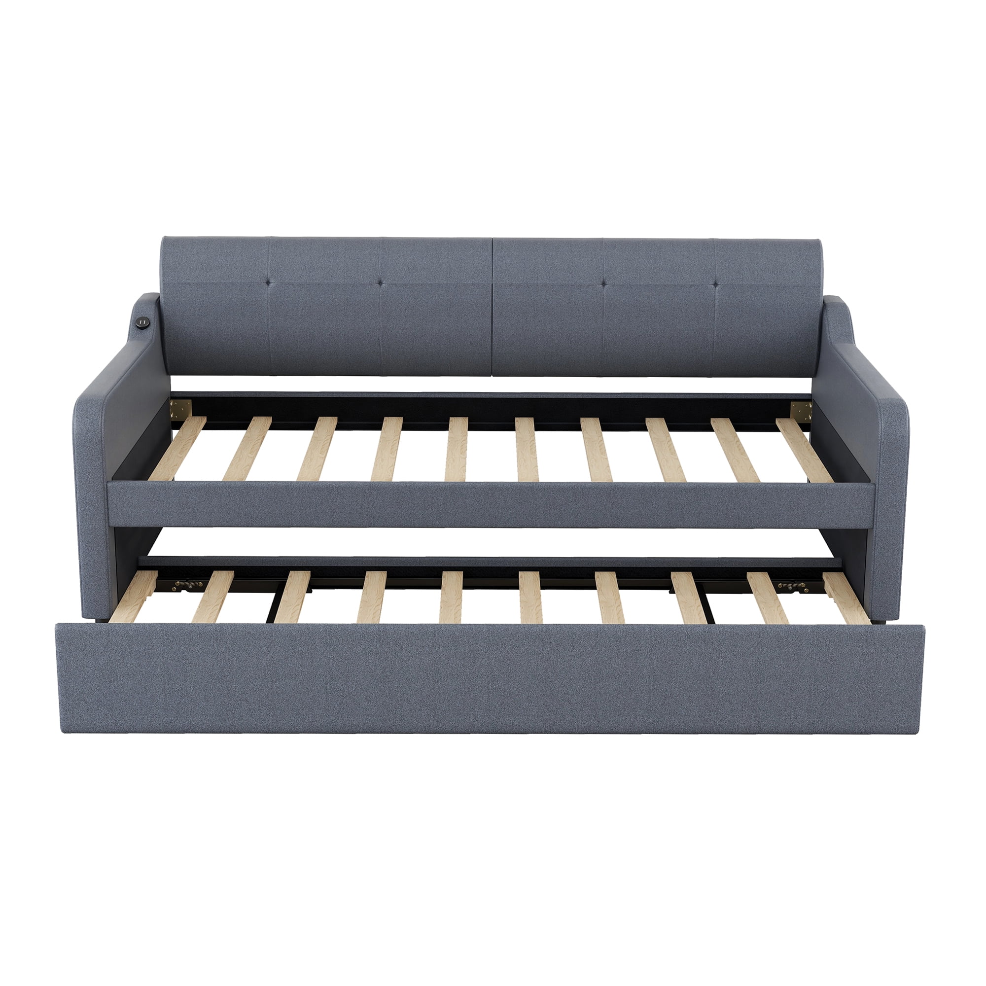 EUROCO Twin Size Upholstery DayBed with Convertible Trundle and USB Charging Station, Gray