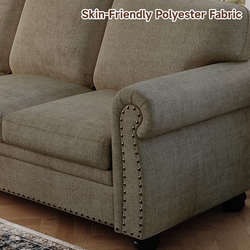 90 Inch Nailhead Trim Couch for Living Room, 23 Inch Deep Seat Rolled Arm Sofa, Comfy Upholstered 3 Seater Chenille Couch w/Wooden Leg